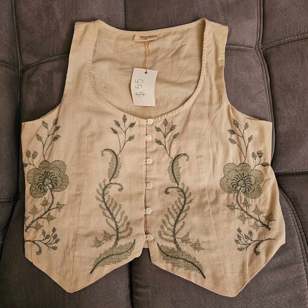Embroidered Beige Cotton Pants & Vest Set